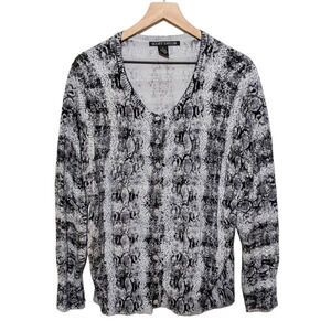 Scott Taylor 1X Black Gray Animal Print Cardigan Sweater Silver Metallic Thread